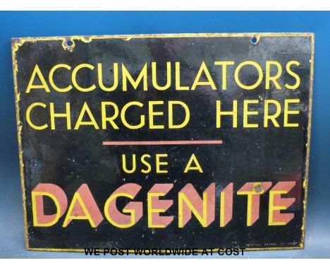 A White May double sided enamel sign for lamp and pure oil (26 x 31cm) together with a double sided Dagenite accumulators ena