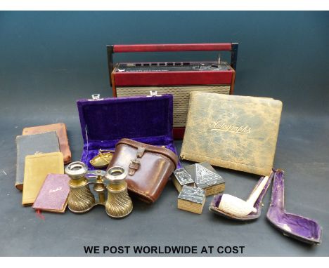 A quantity of collectables to include opera glasses, Roberts radio, small books, Art Deco printing blocks, clay pipe, set of 