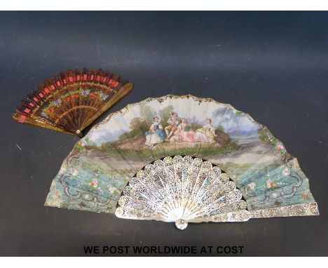 A late 19thC ladies hand fan, the mother of pearl sticks with inlaid gilt and gold decoration, the fan with scene of a gentle