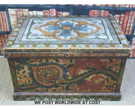 A 19thC painted pine blanket box with an allegorical scene of Arthur and Guinevere with the three queens looking on. The pain
