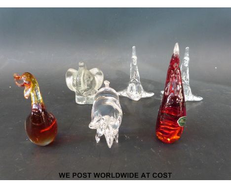 Two Villeroy & Boch glass dolphins, a Goebel elephant, two Murano birds and Art Glass pig