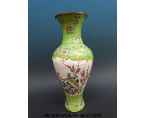 A Chinese enamel vase with landscape scene and a bird scene with green ground and pink flowers (34cm tall) 