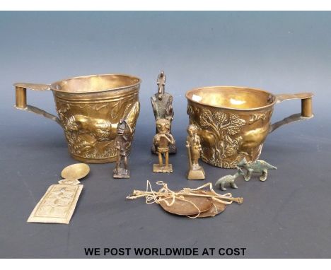 Six Ashanti figures and animals, a spoon, gold scales and two mugs (tallest 11cm) 
