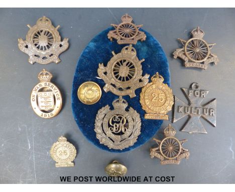 A collection of Army and City of London cyclist's badges etc to include WWI anti German propaganda 'For Kultur' cross, and an