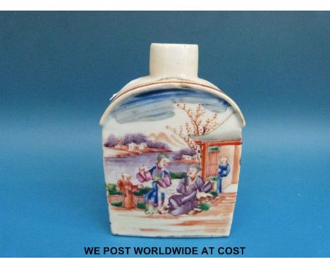 An 18thC Chinese famille rose export porcelain tea caddy of rectangular form with rounded shoulders, decorated with scenes of