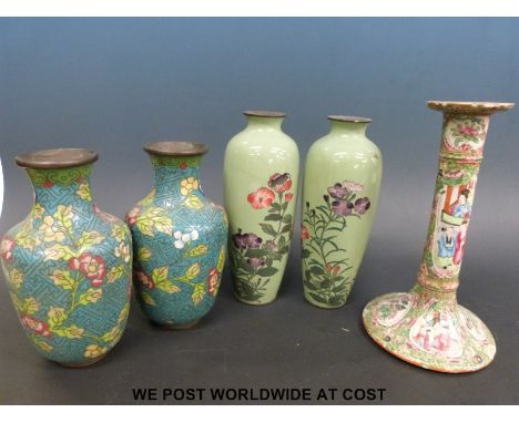 Two pairs of cloisonne vases and a 19thC Chinese famille rose candlestick 