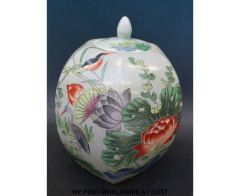 Chinese hexagonal ginger jar with bird and floral decoration and seal mark to base