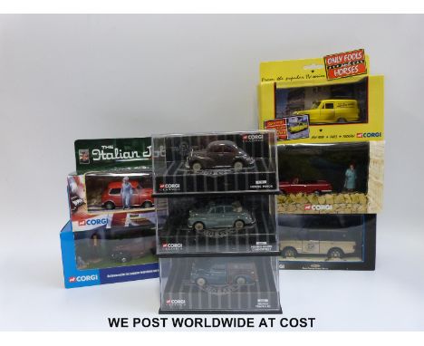 Eight Corgi diecast model cars and vehicle sets including Only Fools and Horses, Heartbeat, The Italian Job, Last of the Summ