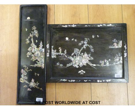 Two Thai/Vietnamese hardwood panels with mother of pearl inlay depicting figures and landscapes