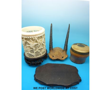 A mid 19thC stained ivory snuff box, a carved and pierced early 20thC cache pot on a hardwood stand and a taxidermy set of ho