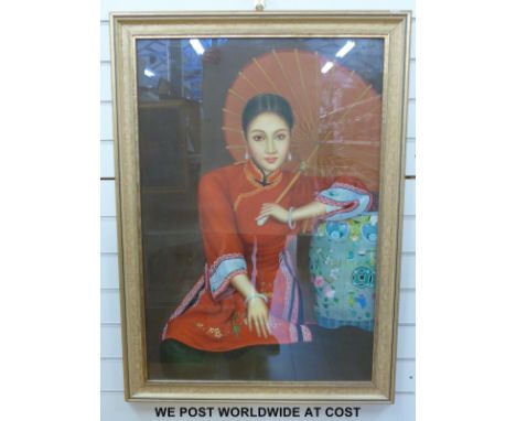 In the manner of Chen Yifei: Oriental style oil on board of a seated lady with parasol leaning on a ceramic seat (91 x 62cm)