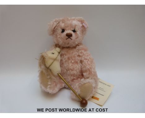 Steiff Original Teddy Bear 'Anna Bear with Hobbyhorse', 667800, with pink mohair, button to ear, tags and certificate, 30cm t