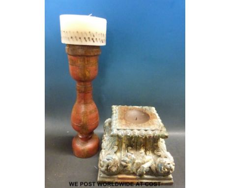 An Easter candle holder formed from a column together with a turned wooden candle stick
