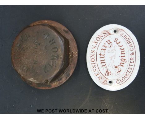 J. Prosser Elmore cart or similar brass hubcap, of local Stroud interest together with a J.Sessions & Sons sanitary engineer'