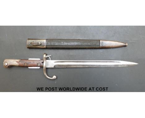 A WWI era bayonet and scabbard, probably German,  no. 23589  (blade length 30cm)