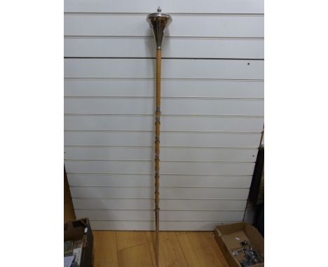 A civic mace with looped chain decoratives to staff section, silver plated crown finial to top (145cm length) 