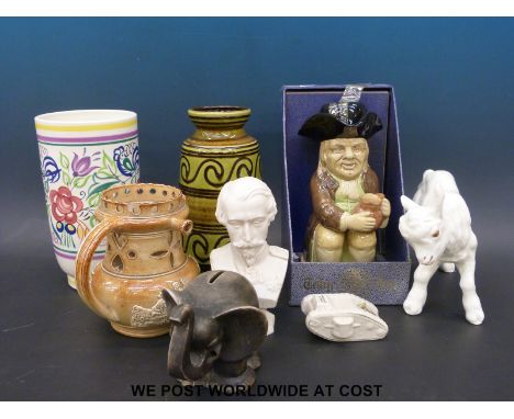 A Poole pottery vase, toby jug, parian bust of Napoleon III, puzzle jug, retro German vase and a Russian porcelain kid goat