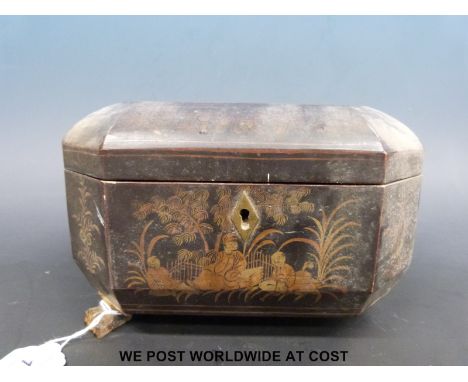 A Chinese lacquer tea caddy with Pak Tong/pewter two division compartments within (length 20cm)