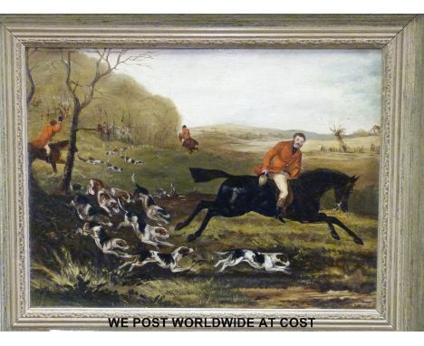 Oil on board of hunting scene 21.5x29cm together with an oil of a castle atop a cliff and other hunting prints