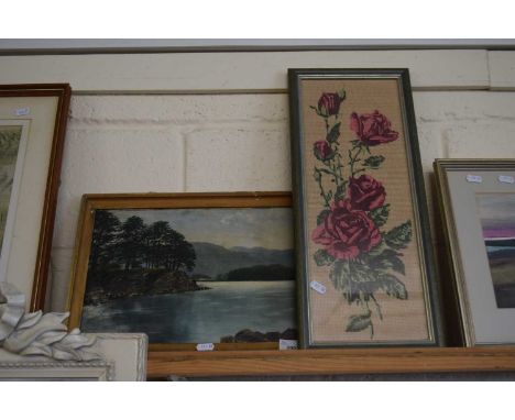Mixed Lot: Small oil on board study of a lakeside scene and a tapestry picture of roses