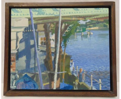 David Parfitt framed oil on panel titled Bridge, Boatyard at High Tide, 24.5 x 29.5cm