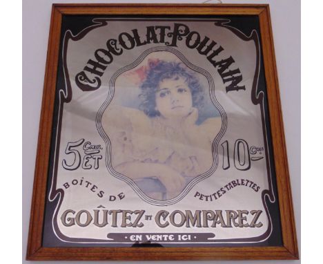 A framed vintage style Chocolat Poulain advertising mirror, frame 46.5 x 41.5cm