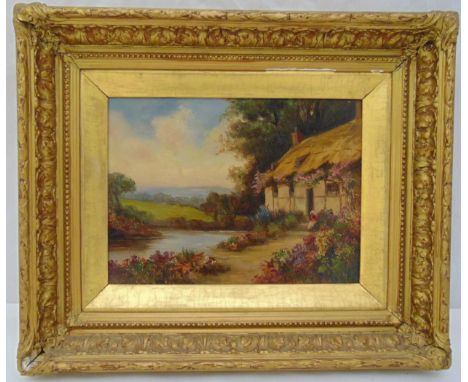 Fredrick Hines two framed oils on panel of thatched cottages, signed bottom left, 22.5 x 30cm each