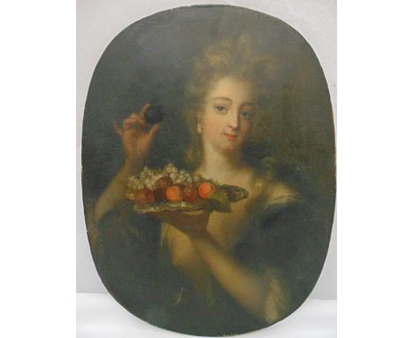 An early 19th century oil on canvas oval portrait of Lady Elizabeth Duffy Swinton (married to Thomas Spencer) holding fruit, 