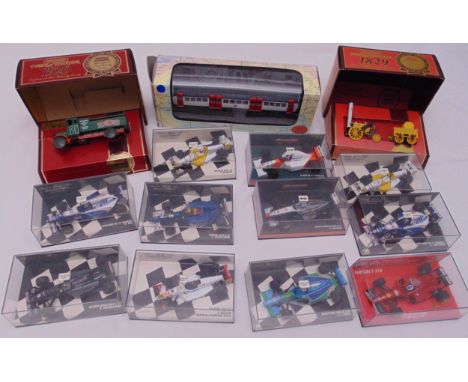 A quantity of diecast to include Pauls Model Art Minichamps racing cars, Matchbox Models of Yesteryear and an EFE 1959 London