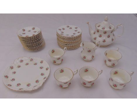 Royal Albert Forget Me Not tea set to include a teapot, milk jug, cake plate, cups, saucers and plates (43)