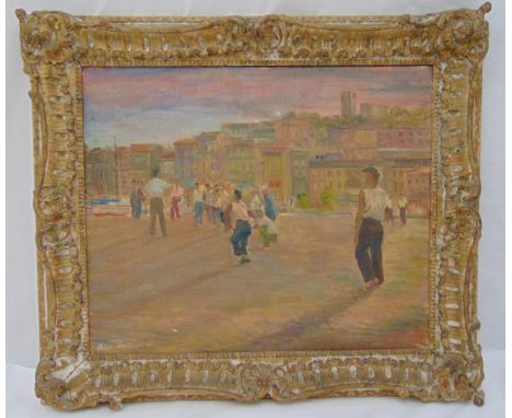Vasco Lazzola framed oil on panel of figures in an Italian city, signed bottom left and dated 1953, 50 x 61cm