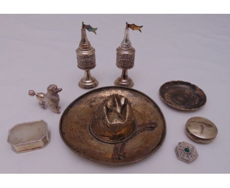 A quantity of hallmarked silver and white metal to include two spice towers, pill boxes and a model of a poodle (8)