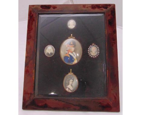 A set of five framed 18th and 19th century portrait miniatures the largest of a gentleman in military outfit 7 x 6cm