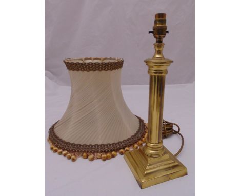 A gilt metal columnular table lamp on stepped square base and silk shade, 39cm (h)