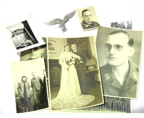 Photographs relating to an unknown German WWII Luftwaffe sergeant, together with a Luftwaffe eagle cap badge. P&amp;P Group 1