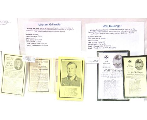Three German WWII wartime obituary notice cards, relating to Wilhelm Reisinger, Michael Grillmeier and Georg Danner, with inf