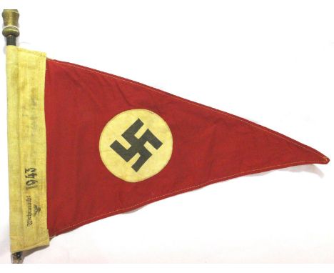 German WWII printed and embroidered pennant with partial pole, stamped Wehrmacht and dated 1943, L: 50 cm, H: 11 cm. P&amp;P 
