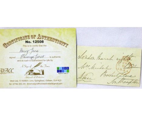Henry Fane (19th century), an officer who served with Wellington, signed and inscribed envelope front, 11.5 x 6.5 cm, with CO