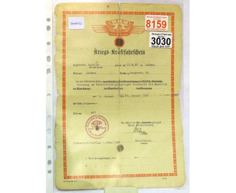 German WWII NSKK certificate, named to Dieter Sattler and dated 1944, inscribed verso, with some splits down folds. German Th