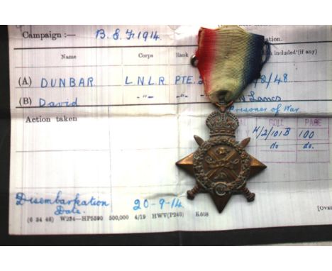 2301 PTE D DUNBAR L N LANC R, a British WWI 1914 Mons Star. Dunbar was taken POW on the retreat from Mons. P&amp;P Group 1 (£