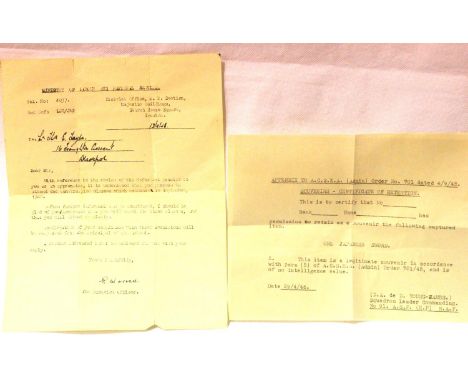 British WWII certificate of retention for One Japanese Sword dated 1945 but unissued, and a later National Service apprentice