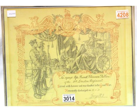 590098 Frank Clarence DeVine, 18th London Regiment, a framed British WWI Wounded Discharge certificate, dated 1918. Without f