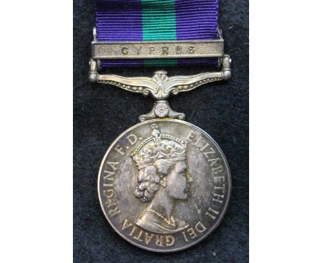22688661 SGT R McGREEVY RE, General Service medal with Cyprus bar and box of issue. P&amp;P Group 1 (£14+VAT for the first lo