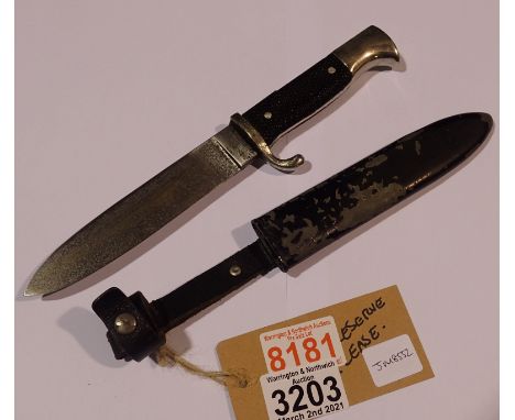 German Third Reich transitional period Hitler Youth dagger with steel scabbard and black leather frog, the blade marked RZM, 