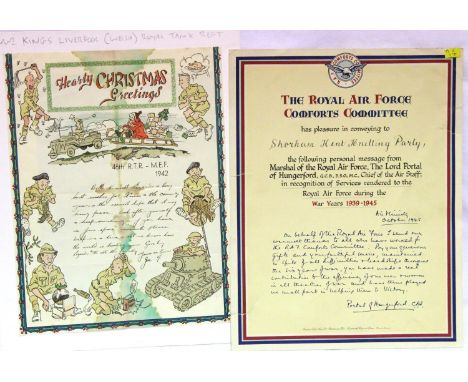 British WWII Kings Liverpool 1942 dated Christmas letter, mounted on card, and an RAF Comforts Committee certificate awarded 