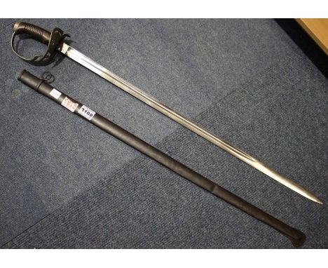 Imperial German WWI model 1889 cavalry sword with steel scabbard, the uninscribed blade L: 80 cm, having a folding knuckle gu