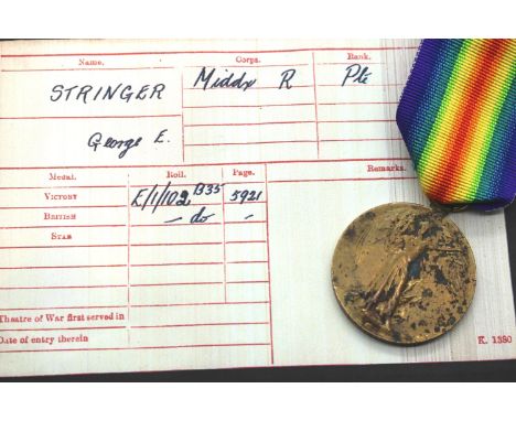 E-96653 PTE G E STRINGER MIDDX R, a British WWI Victory medal with information. P&amp;P Group 1 (£14+VAT for the first lot an