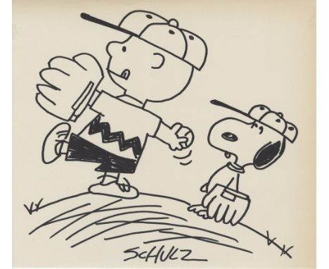 Artist: Charles Schulz (American, 1922-2000). Title: "Charlie Brown and Snoopy Playing Baseball". Medium: Marker drawing on p