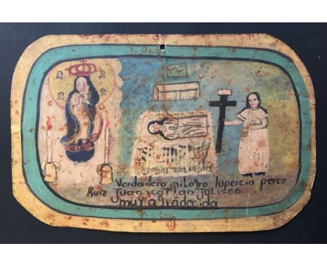 Artist: Mexican School (Ex-Voto Artist) 20th Century. Title: "Vintage Ex-Voto/Retablo: Lucrecia Perez". Medium: Oil on tin. D