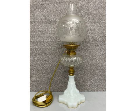 A 19th century Hinks and Sons Duplex No.2 brass and glass oil lamp converted to electricity, on a moulded milk glass  effect 